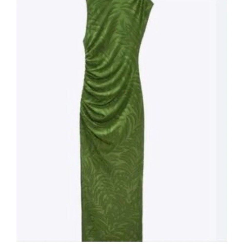 Zara Green Palm Leaves  Long Sleeve Ruched Side Tubular Midi Dress Sz Med - Picture 10 of 13